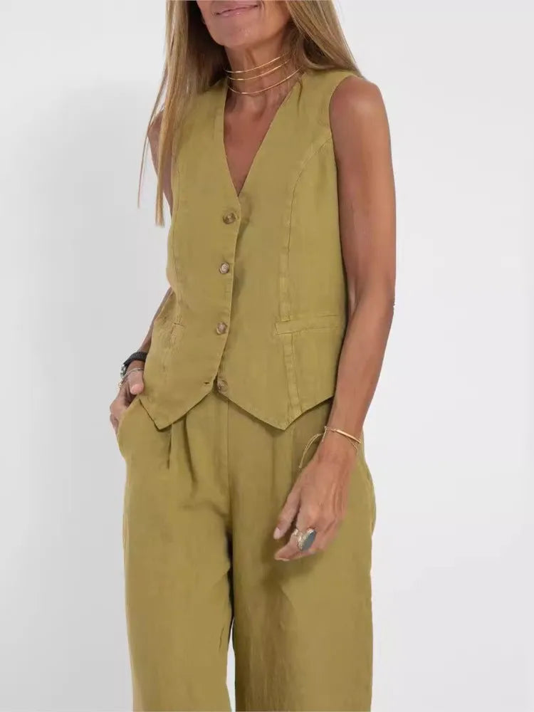 NEW Arrivals 2PCS Set S-2XL UK Size Women's Clothing Spring Summer New Fashionable Vest Pants Collage Splicing Pure Sleeveless Color Temperament Casual Suit