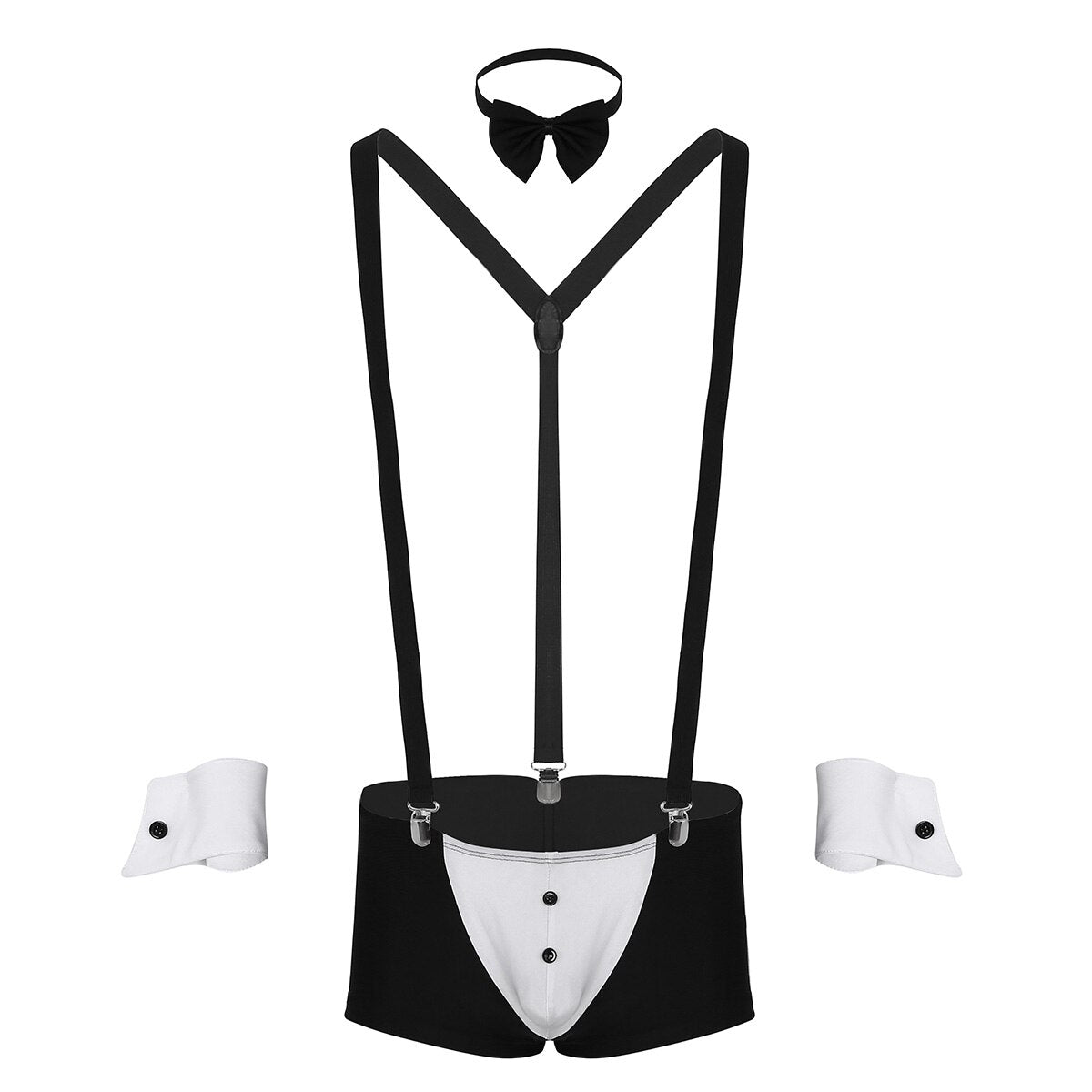 Men Erotic Tuxedo Uniform Waiter Sexy Halloween Role Play Costume Outfit Cute Briefs With Bowknot Collar Cuff Sissy Lingerie Set