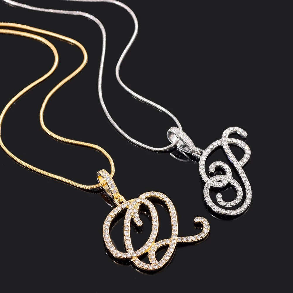 Women’s A-Z Rhinestones Initial Letters Pendant Necklace, CZ Paved Initial Charm with Snake Chain, Elegant Iced Out Bling Jewelry Gifts