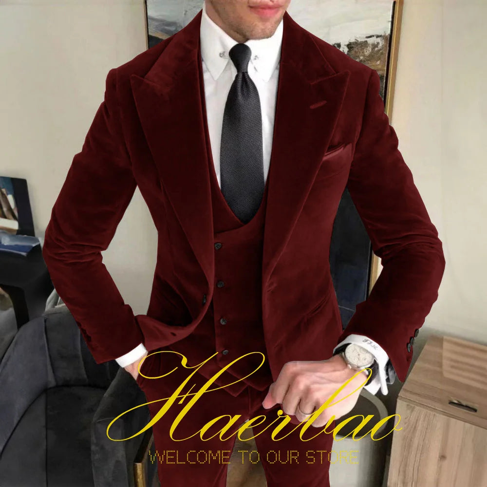 Low-Price Sales are Limited NEW Arrivals 3PCS Set S-5XL 5 Colors Suit for Men Business 100% Velvet Suit (Jacket Pants Vest) Formal Gun Lap Collar Groom Wedding Best Man Blazer Men Luxury Fashion Clothing Supplies