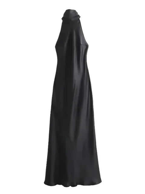 NEW Arrivals Black/Brown Elegant Brown Satin Halter Lace Up Long Dress Sexy Off Shoulder Backless Sleeveless Bodycon Dresses Autumn New Lady Party Luxury Fashion Clothing Supplies
