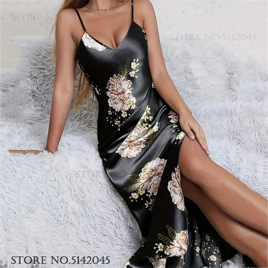 NEW S-XL 4 Colors Women Long Ice Silk, Rayon Nightgown Chemise Sleepwear Print Flower Suspender Nightdress Intimate Lingerie Summer Silk Satin Home Wear Loungewear