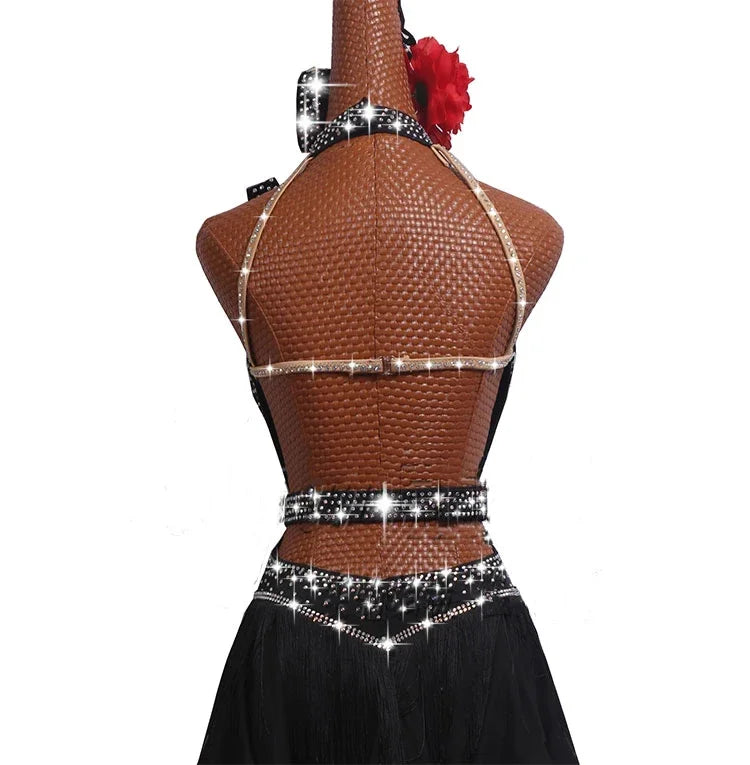 Adults/Children XXXS-2XL 5PCS Set Latin Dance Competition Dress New Performance Dress High-grade Black  Sexy Fishbone Curling Skirt-Dresses