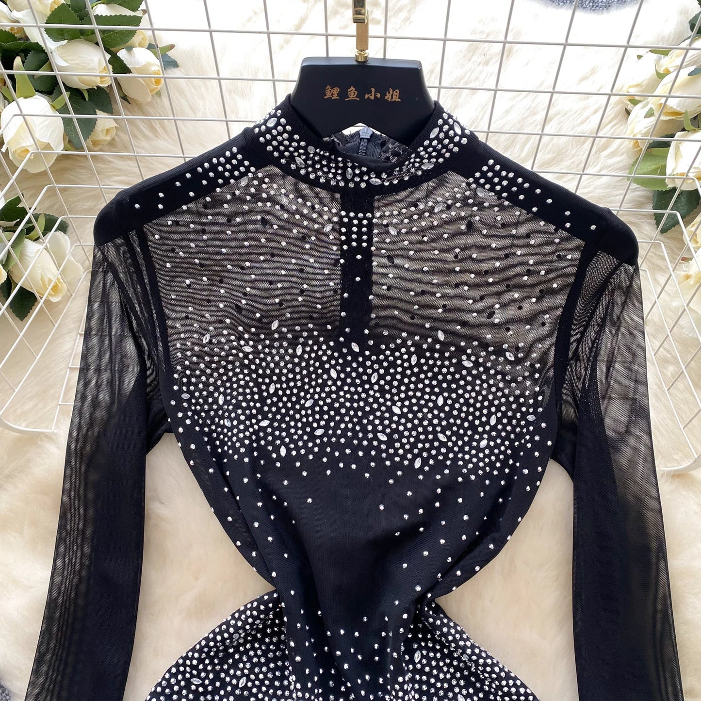 NEW S-2XL UK Plus Size Apricot/Black Color Summer Thin Sheer Sexy Viscose Bodysuit Long Sleeve Zipper With Shorts Design Rompers Beadings Streetwear Women Mesh Playsuits