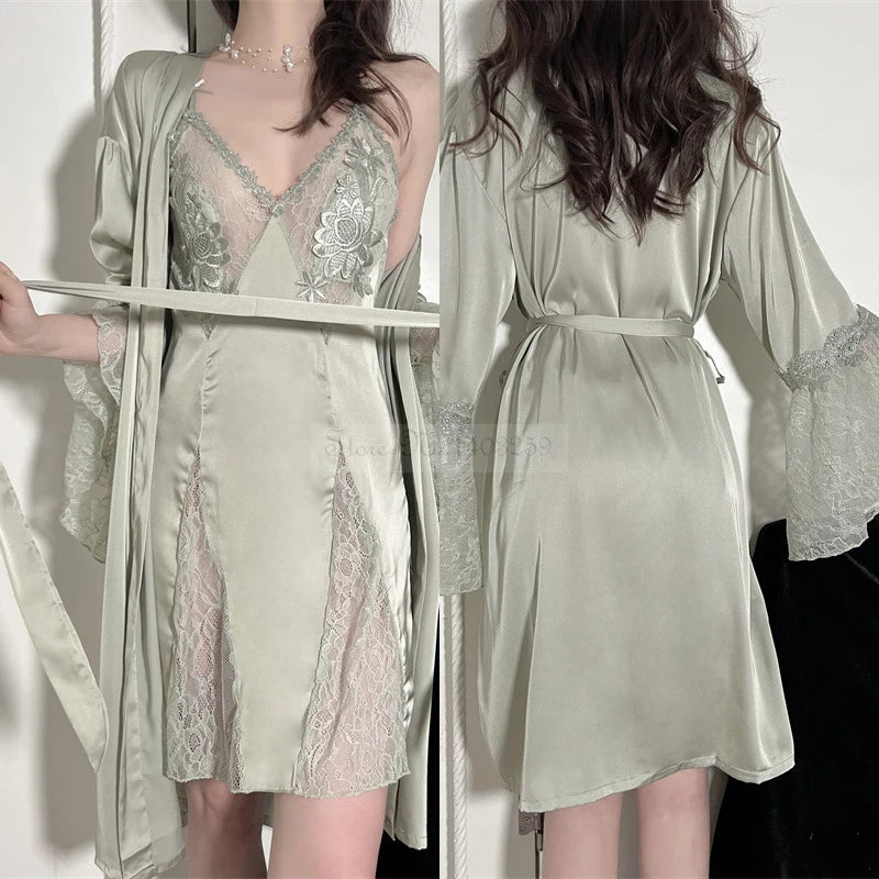 NEW 2PCS Rayon-Silk Set 5 Colors M-XL Sexy Embroidery Wedding Robe Nightgown Sleepwear Set Summer Female Nightwear Patchwork Lace Rayon Bathrobe Casual Home Dress