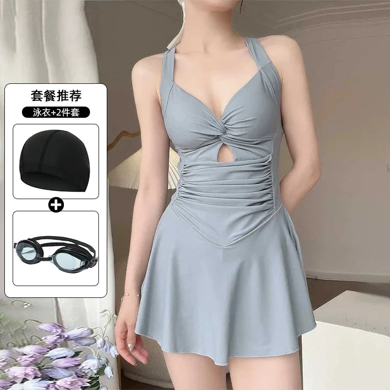 4 PCS Set Women's Swimsuit Dress + Swimming Cap + Goggles + Mobile Phones Bag + Nose Clip Earplugs Conservative Slimming Korean Style Sporty Hot Spring Swimming Suit Pure Color Skirt Style Gathered Bathing Sets