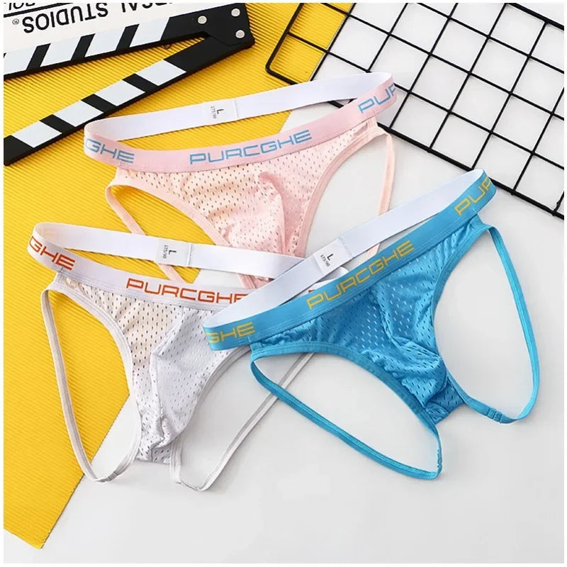 Sexy Gay Men Mesh Jockstrap Underwear Sissy Panties Cueca Tanga Male Thong G String Hollow Out Strap Briefs Erotic Lingerie