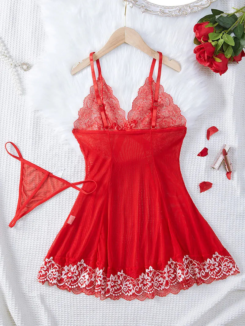 2 PCS Set S-2XL Plus Size Nightdress + Panty Pajamas Sets Women Underwear Lace See Through Sleepwear Sexy Lingerie Dress Female Sexy Nightwear For Night Party Sets