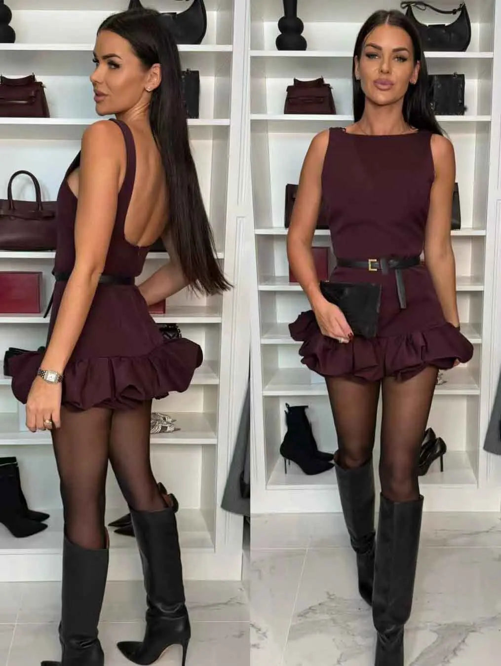 NEW Arrivals 3 Colors Sexy Solid Ruffled Hem Women Dress O-Neck Sleeveless Backless Slim Mini Solid Color Evening Party Night Club Dresses Ladies Sexy Fashion Clothing Supplies