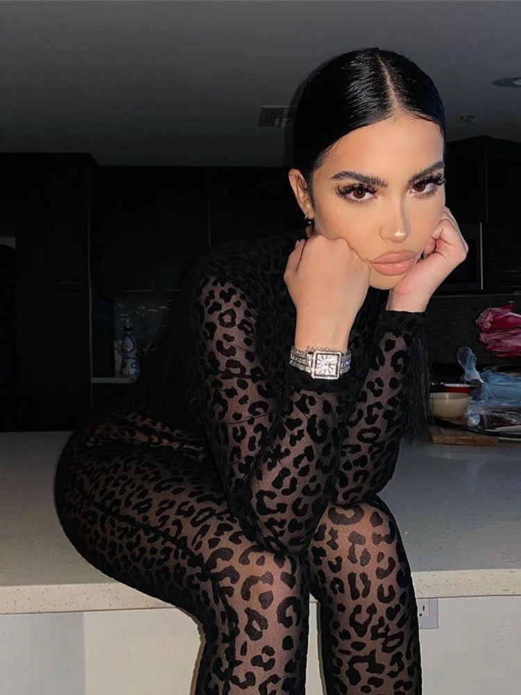 Women's  Sexy Leopard Black See Through Jumpsuit Midnight Clubwear Animal Instinct Mesh Tight Stockings Leopard Transparent Velvet Long Sleeved Jumpsuit
