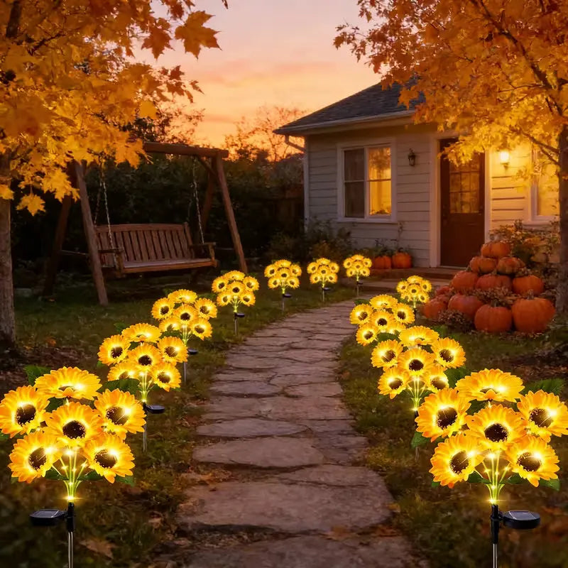 2 PCS Bouquet (12 Heads) Home Villa Solar-Powered Outdoor Decorative Lawn Lights LED Sunflower Decor Pathway Ground Stake Light for Garden Street Patio Balcony Yard