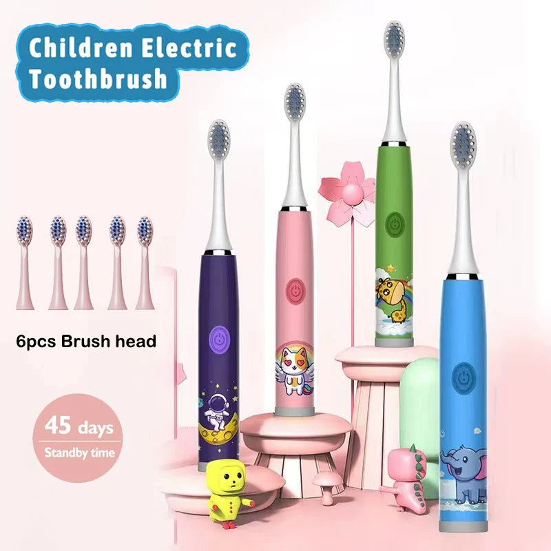 Sonic Children Electric Toothbrush + 6 Heads Full Set Rechargeable Colorful Cartoon Brush For Kids Automatic IPX7 Waterproof With Replacement Head Children Oral Hygiene Supplies