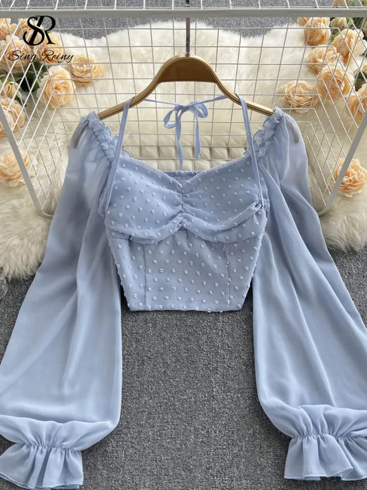 Polka Dot Folds Short Blouse Summer Slash Neck Long Sleeve Women Tie Halter Elastic Waist Fashion French Beach Top SINGREINY