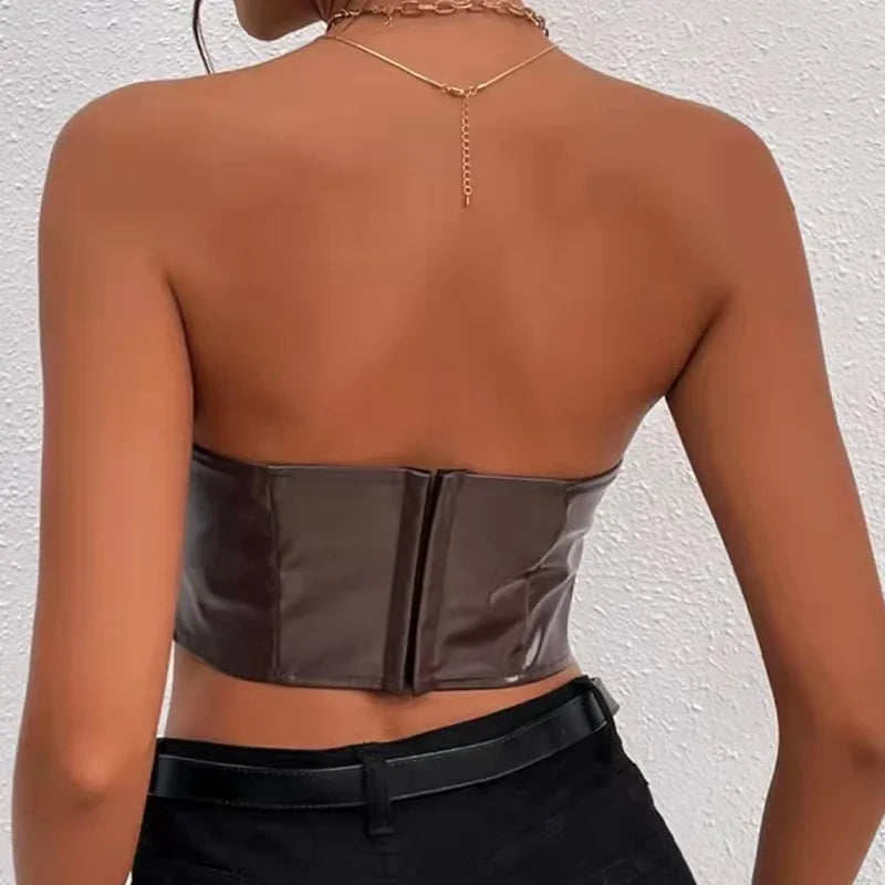 Black/Dark Brown Color S-XL Sexy Tank Top Glossy PU Leather Halter Crop Tops Women Wrap Chest Bare Midriff Camisole Sleeveless  Tube Top Female Cropped Vest