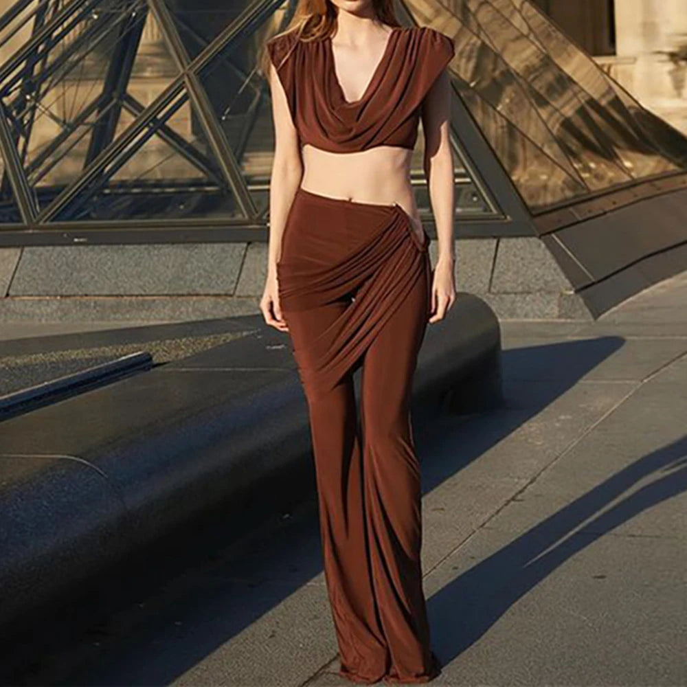 2PCS Set Luxury Night Clubwear Evening Party Streetwear Outfit Suit Women's Girls Slim Set Pile Collar Sleeveless Crop Top And High Waist Pants 2025 Spring Tracksuit Female Ladies Luxury Sexy Fashion Clothing Supplies