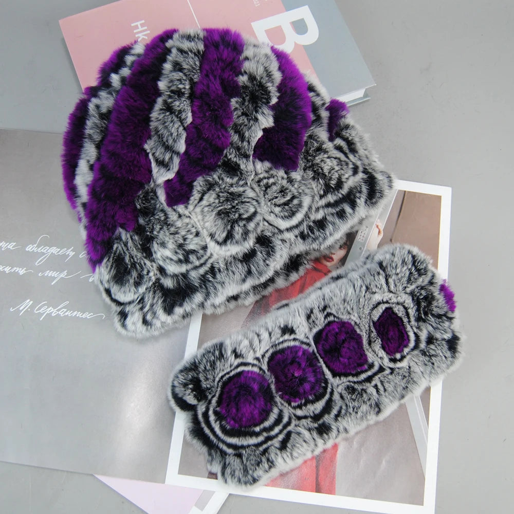 New Arrivals Women Fashion Real Fur Hats Scarves Sets Women Winter Knitted Real Rex Rabbit Fur Hat Scarf Ladies Natural Fur Hats Mufflers Sets Female Girls Luxury Fashion Clothing Products