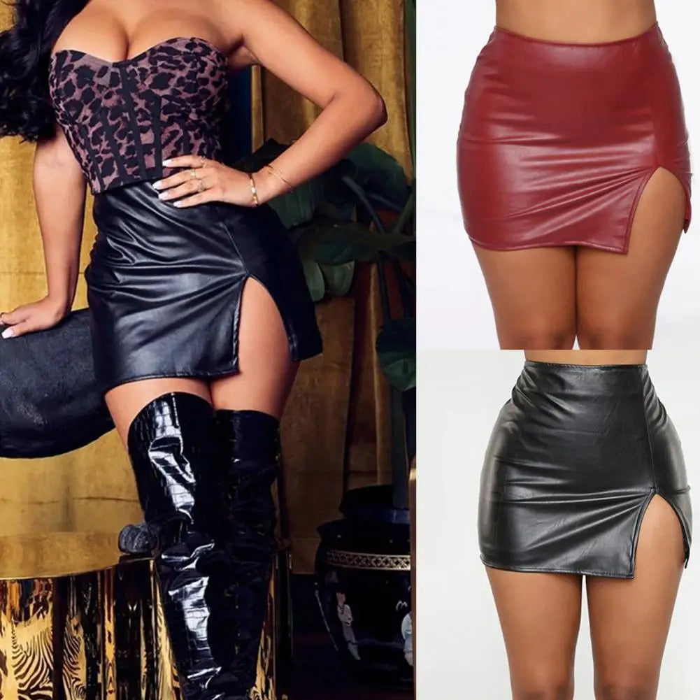 Women Italian Sexy Skirt S-2XL UK Plus Size 9 Solid Colors Hidden Zipper Mini Skirt PU Leather High Waist Split Skinny Skirt Female Streetwear Women's Clothing