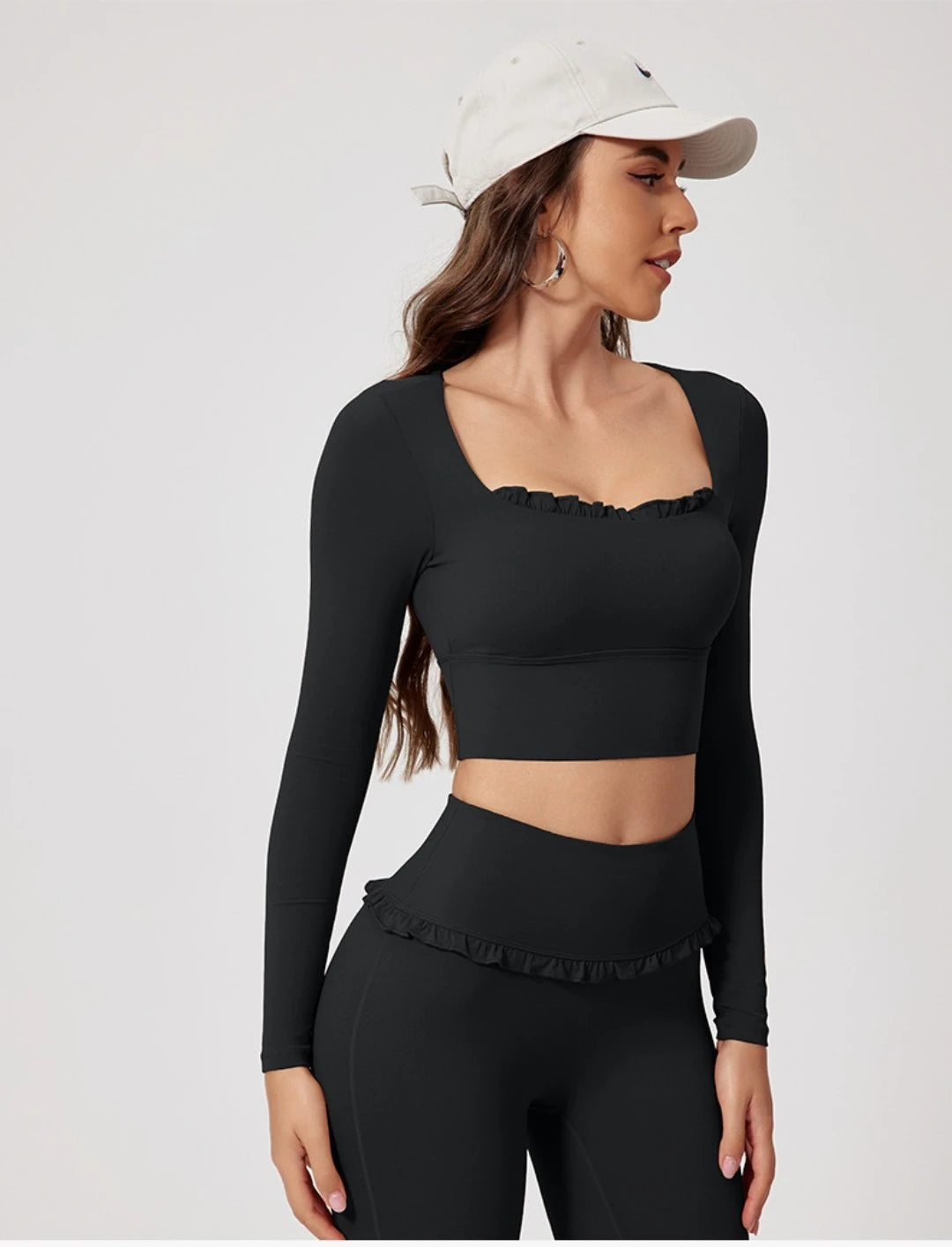 2PCS Set S-XL 6 Colors Naked Square Neck Yoga Set Sports Fitness High Waist Nude Quick-drying Long-sleeved Outdoor Running Workout Clothes Gym Suit