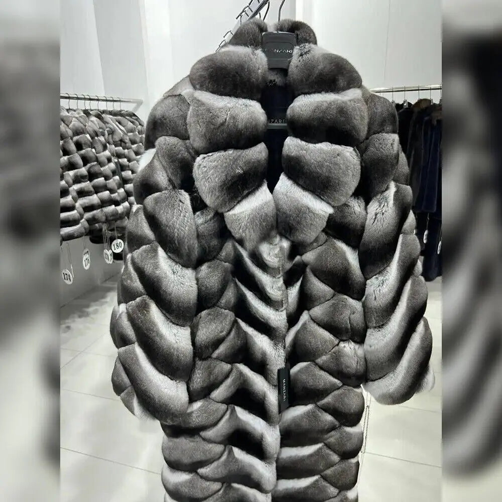 Low-Price Sales are Limited S-3XL Luxury Original Chinchilla Fur Coat Women's Long Real Rex Rabbit Fur Overcoat Fashion Winter Warm Outerwear Genuine Fur Jacket Female Ladies Winter Luxury Fashion Clothing Products