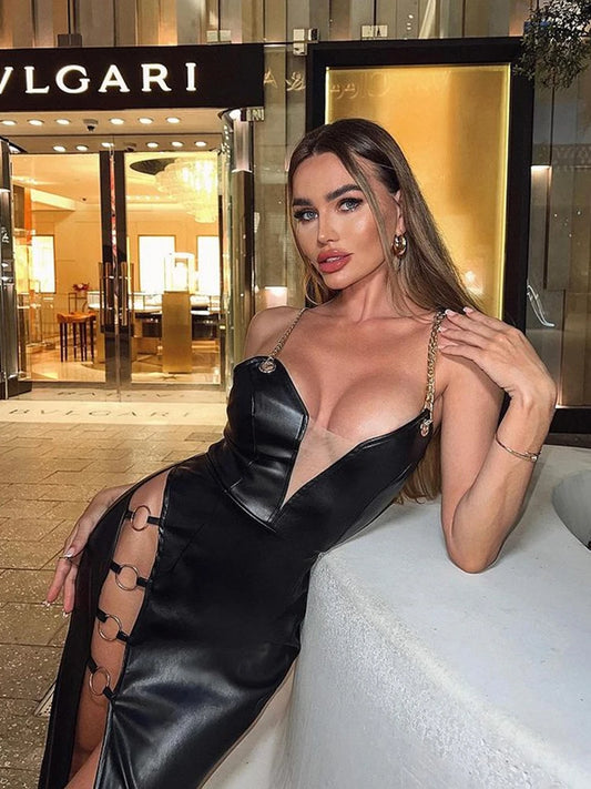 Sexy Chain Spaghetti Strap PU Leather Maxi Dress Women Summer Sleeveless V Neck Hollow Split Black Dress Celebrity Club Party