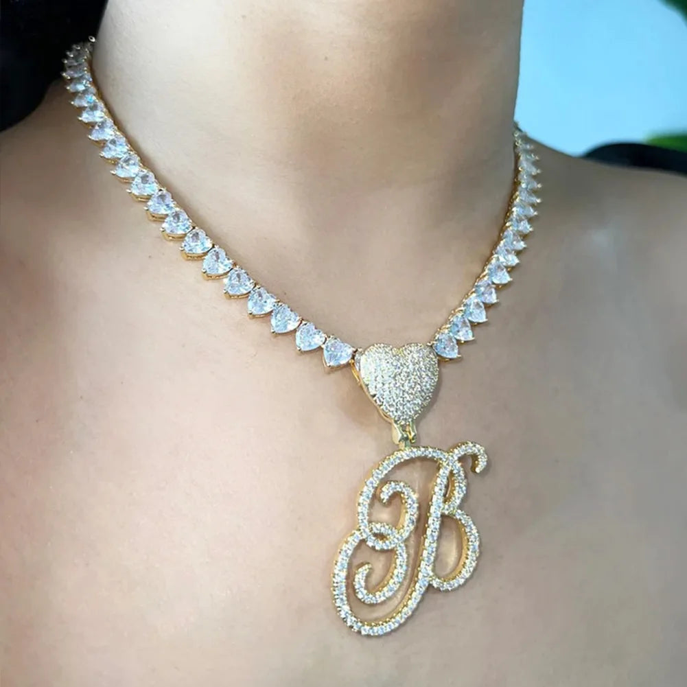 Gold/Silver Color A-Z Women’s Heart Initial Pendant Necklace, Iced Out Rhinestone Letter Charm Tennis Chain Choker, Luxury Bling Jewelry Gifts