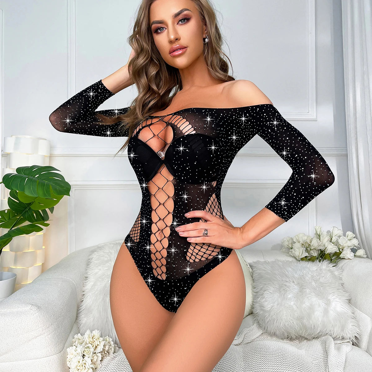 Women's Underwear Kinky Bodysuit Sparkle Rhinestone Sexy Mesh Teddy Lingerie Erotic Costumes Sexiest Fishnet Body Suits