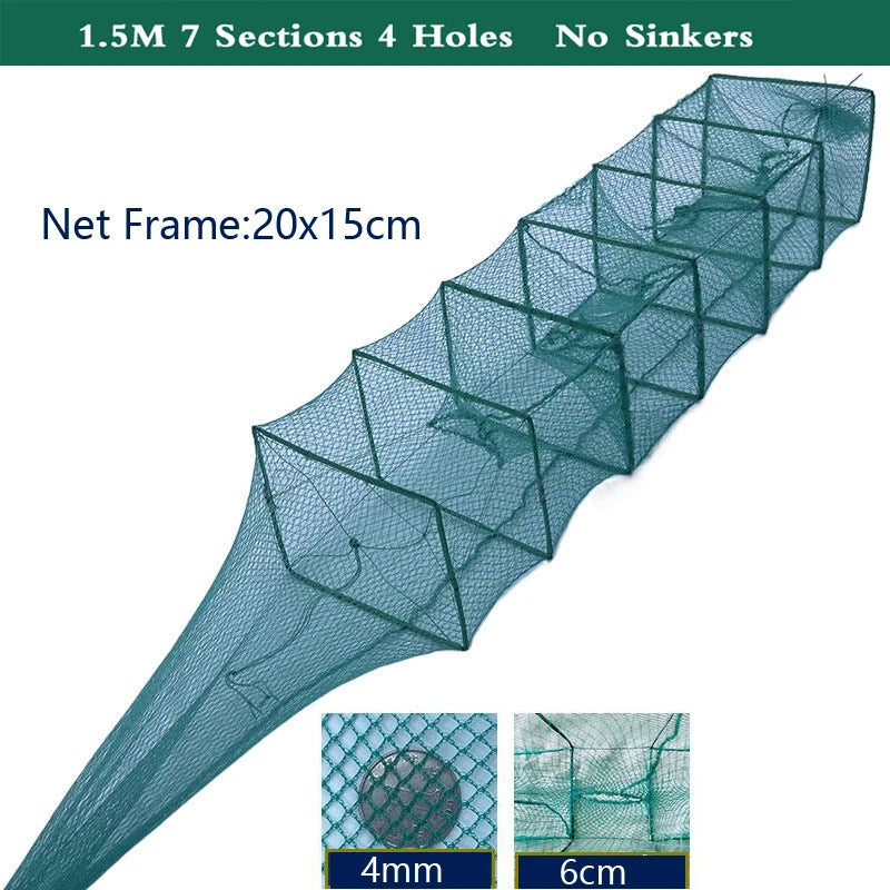 7-19 Sections 12 Holes Top Quality Professional Portable Folded Long Fishing Net 1.5M-5.5M, Crab Fish Net, Hand Casting Cage Crab Net, Mesh Trap Catcher Live Fish for Lobster