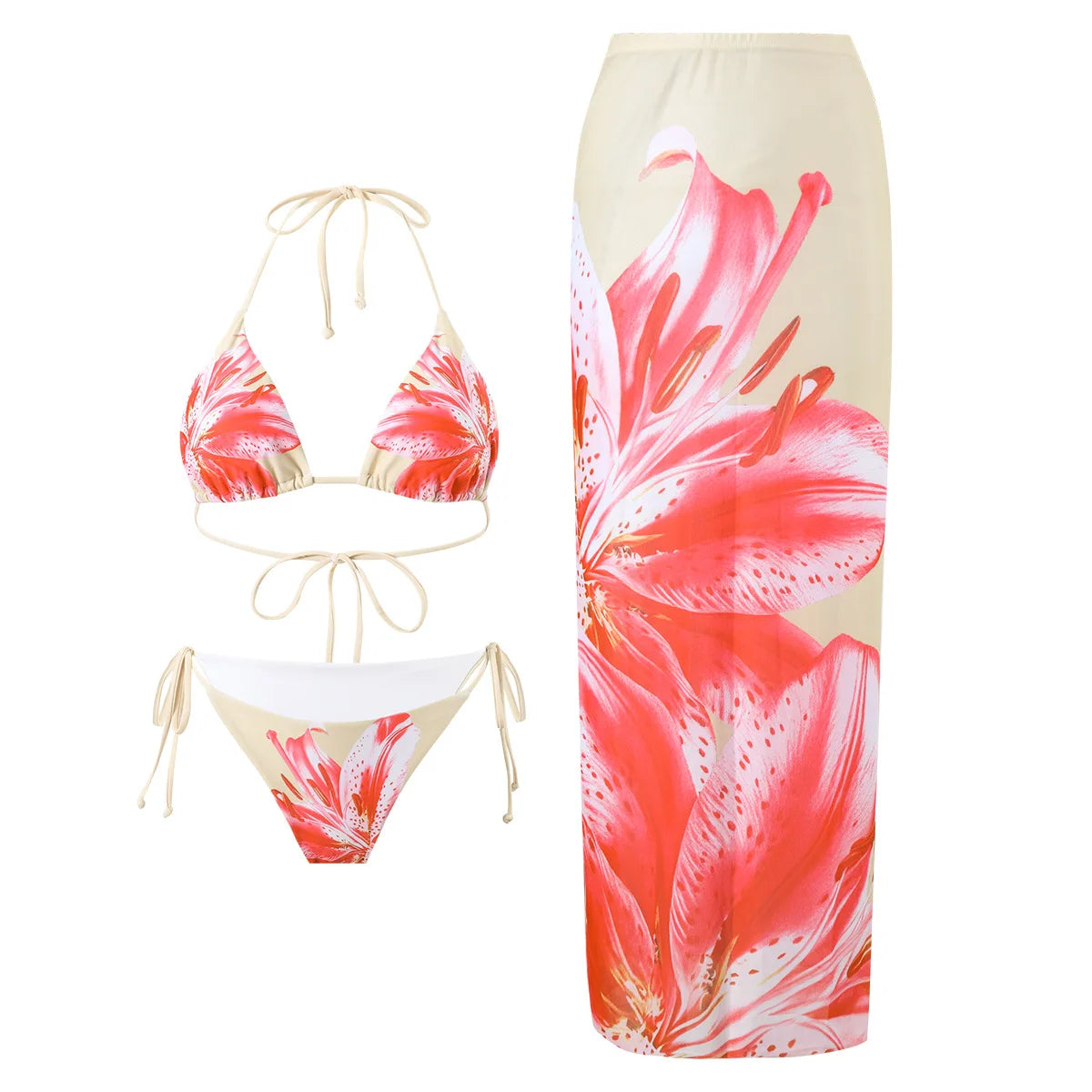 3 PCS Set 5 Colors Sexy Bikini Suit Summer Exotic Islands Vacation Separate Long Skirt Beach Tie Summer Swimwear with Chest Pad Women's Sexy Cover Ups Suit Swimming Apparel Sets