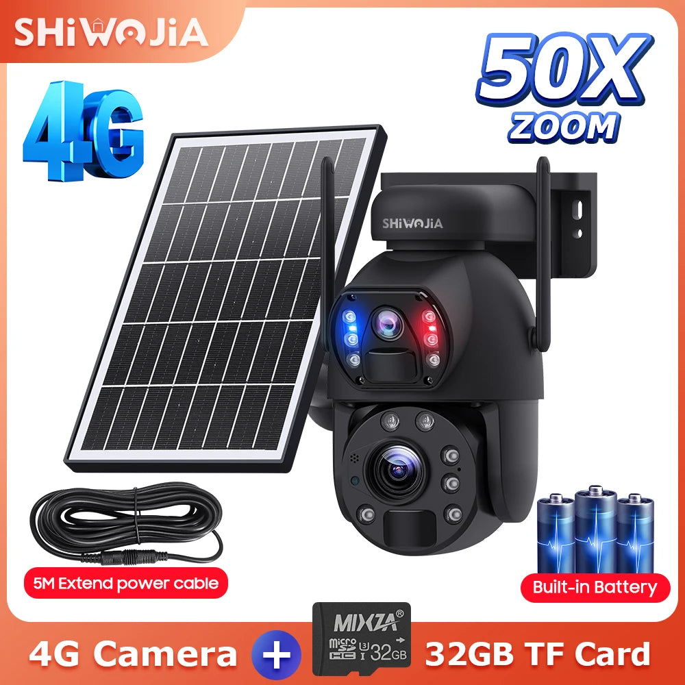 NEW 50X ZOOM 12MP 4G Sim Solar Camera Outdoor 360° Wireless WI-FI Battery Security Cameras Solar Panel PIR Night Vision Recording Home Office Factory Security Systems