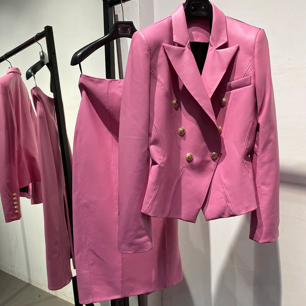 YOLOAgain 2024 Spring New Elegant Real Leather Blazer Skirt Sets Women Genuine Leather Jacket Ladies