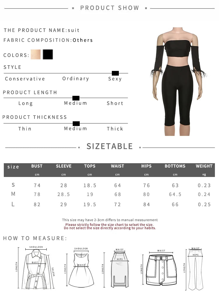 NEW Arrivals 2PCS Set UK Size Black/Pink Color Women Classic Tracksuit Feather Sleeve Slash Neck Crop Tops+ Pants Shorts Matching Street Outfits
