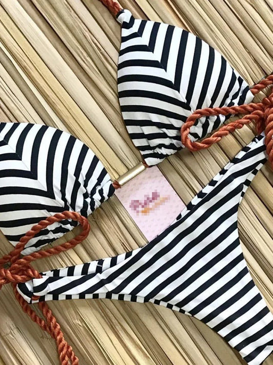 Striped Bikini Set Knotted Swimsuit Women Biquinis Beach Sexy Thong Swimwear Bandage Brazilian Mirco Bikinis