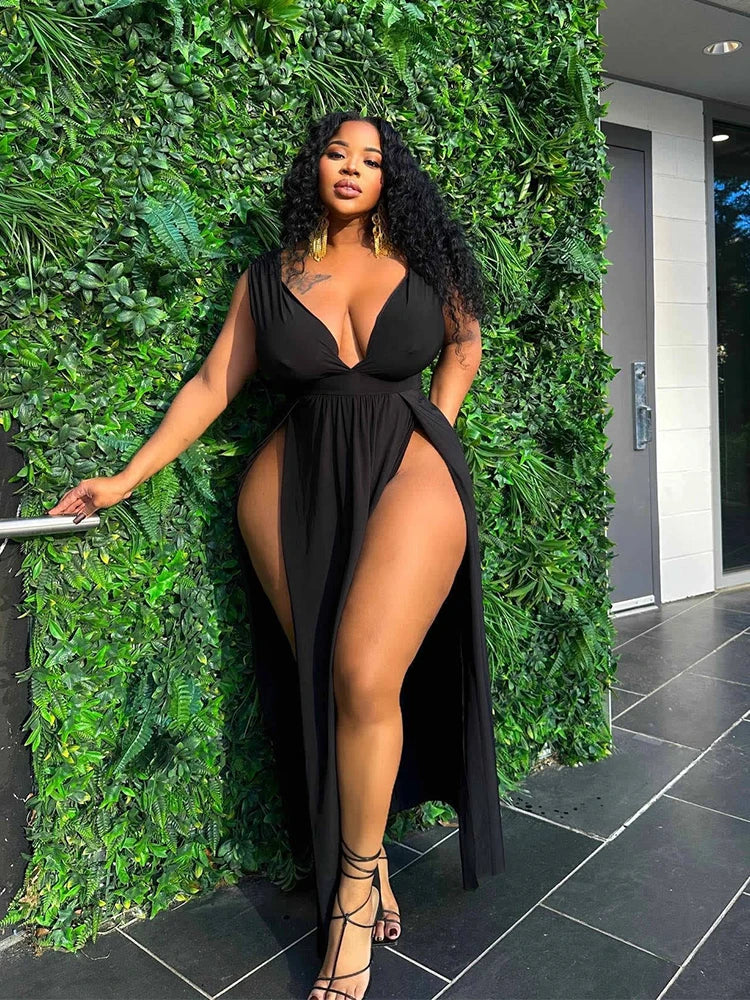 For Curvy Ladies L-5XL Plus Size Long Elegant Evening Dress Party High Slit Sexy and Daring Dresses Women Tight Black Dress