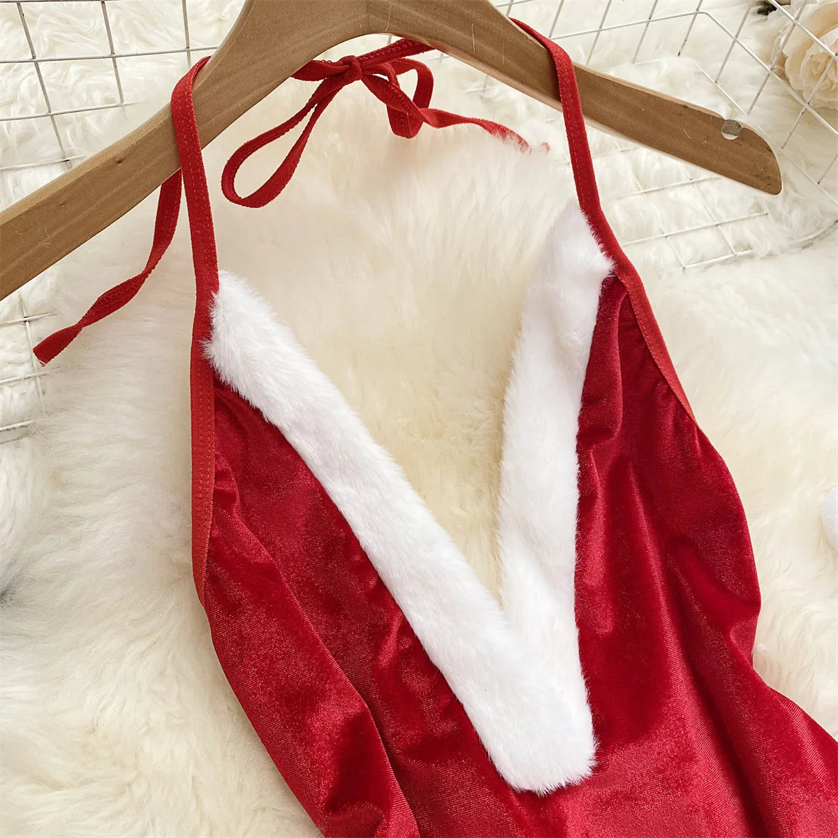 NEW Red Christmas Sexy Lingerie Cosplay Rabbit girl Jumpsuit Belt Women New Backless Hollow Out Lace-up Bodysuit Sweet
