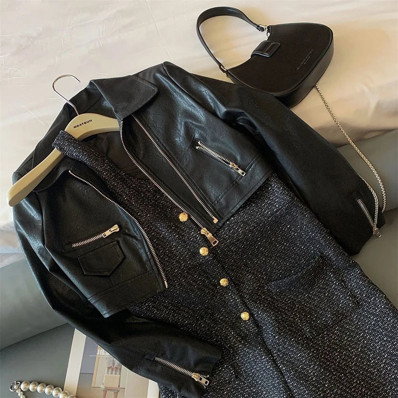NEW Arrivals Vintage Cropped PU Leather Jacket Women Streetwear Black Motorcycle Coat Fall Winter Long Sleeve Zipper Chic Outerwear Girls Casual Fashion Clothing Supplies