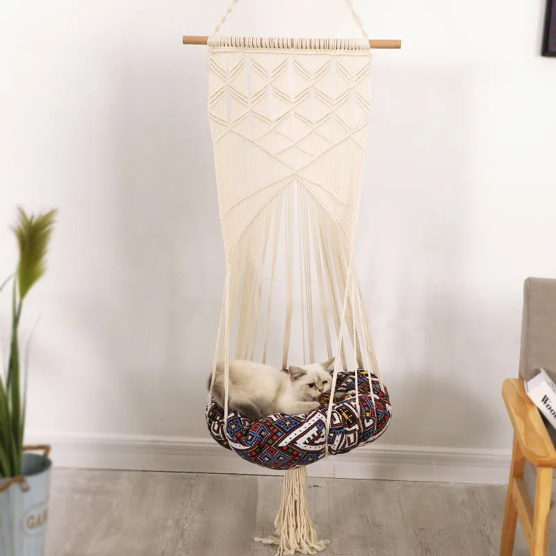 Cat Bed Cat Hammock Macrame Cat Swing Bed Cat Cage Cotton Rope Hanging Cat House Cats Toy Tassel Basket Tapestry