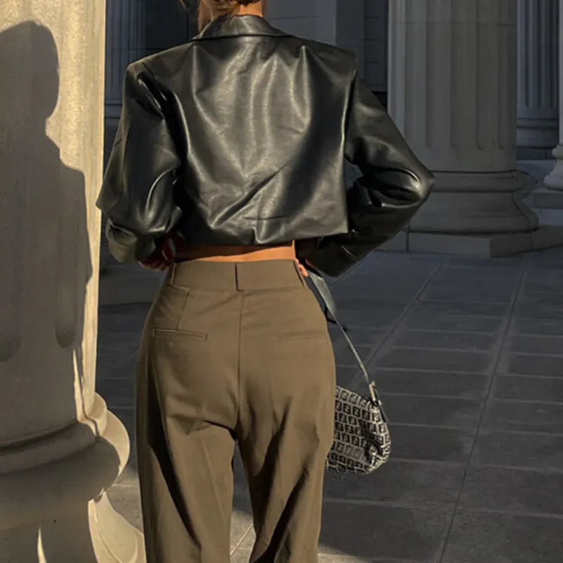 Autumn Faux Leather Short Jacket Turn-down Collar Fashion Botton Decoration Coat Grunge Street Casual Coats