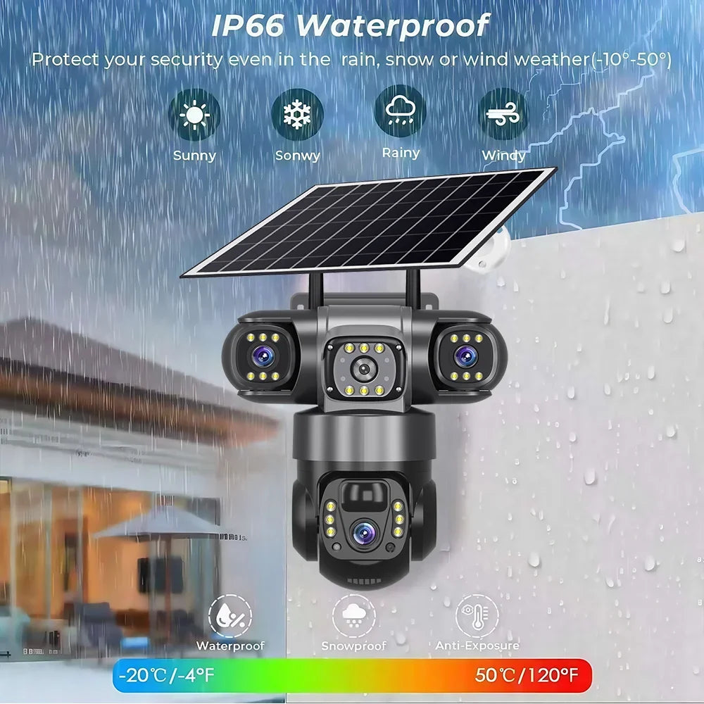 NEW V380 PRO 3 Lens IP Solar Camera HD 15 MP Outdoor Waterproof CCTV Night Vision Two-Way Audio Camera Mobile Tracking 4G IP Camera Home Office Factory Security Systems