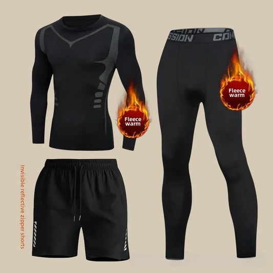 NEW 3PCS Set S-3XL(95Kg+) Men's Thermal Plush Base Layer Set Winter Thickened Cycling Morning Running Training Quick Drying Clothes Fitness Tight Sports Men's Sweats Set