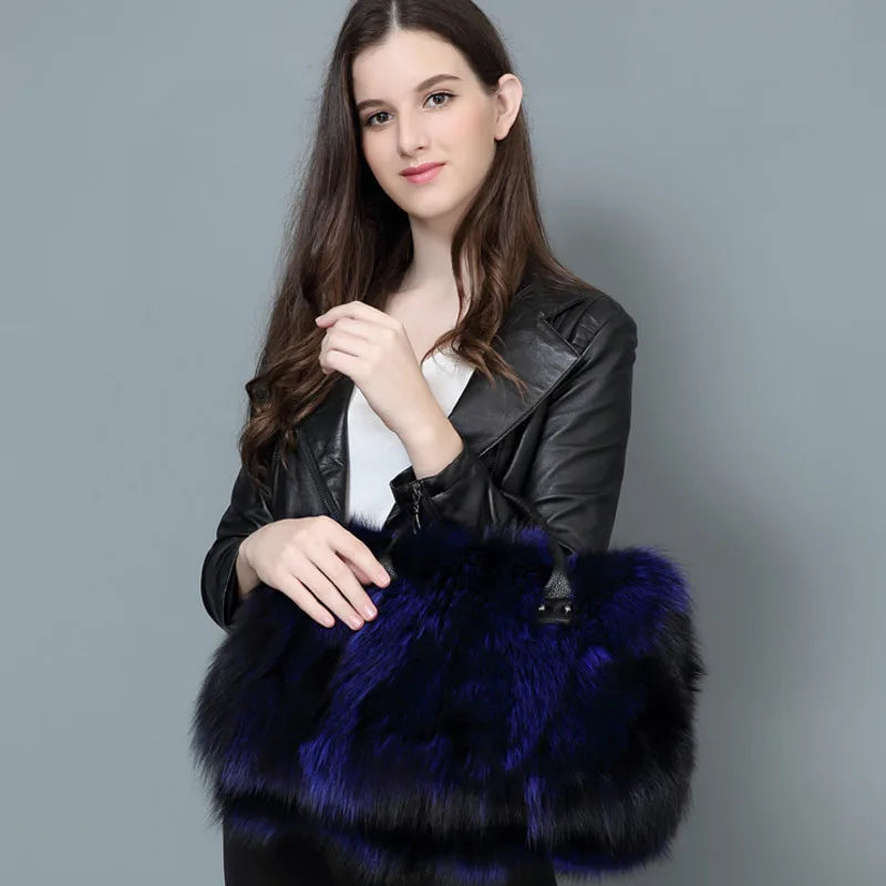 Super Luxurious Real Fox Mink Fur Handbags Winter Women Leather Bag Fashion Shoulder Bags Real Silver Fox Fur Messenger Bags Female Evening Party Bag Outdoor Travel Bags Ladies Luxury Winter Fashion Clothing Accessories Produ