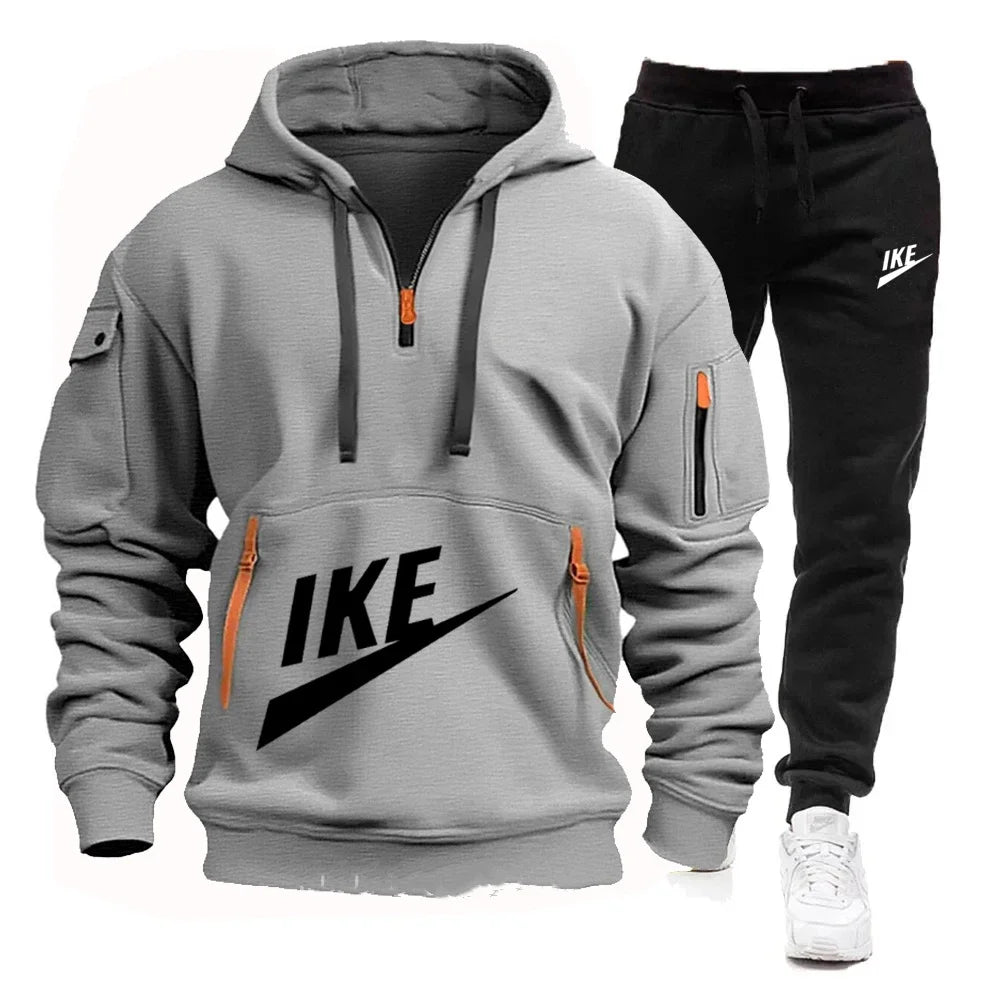 NEW Arrivals 2PCS Set S-3XL 8 Colors Men's Outdoor Gym Running Hiking Fitness Long Sleeved Hooded Sweatshirt and Casual Sweatpants Suit, Multi Zipper Design, Autumn/Winter Male Men Sports Fashion Apparel Supplies