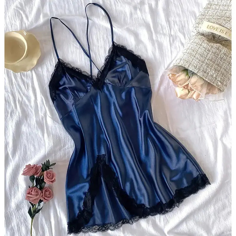 NEW S-XL 4 Colors Satin Erotic Nightdress Clothes Women Nightgowns Sexy Nightwear Lace Patchwork Lingerie Nighty Sleepwear Wedding Satin Dress Sleep Wear