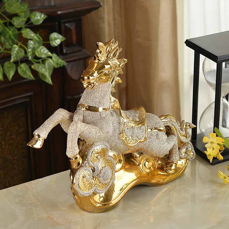 33 x 28cm Handmade Craft Modern high-end ceramic handicrafts fly yellow Tengda gold-plated horse ornaments home decorations housewarming gifts