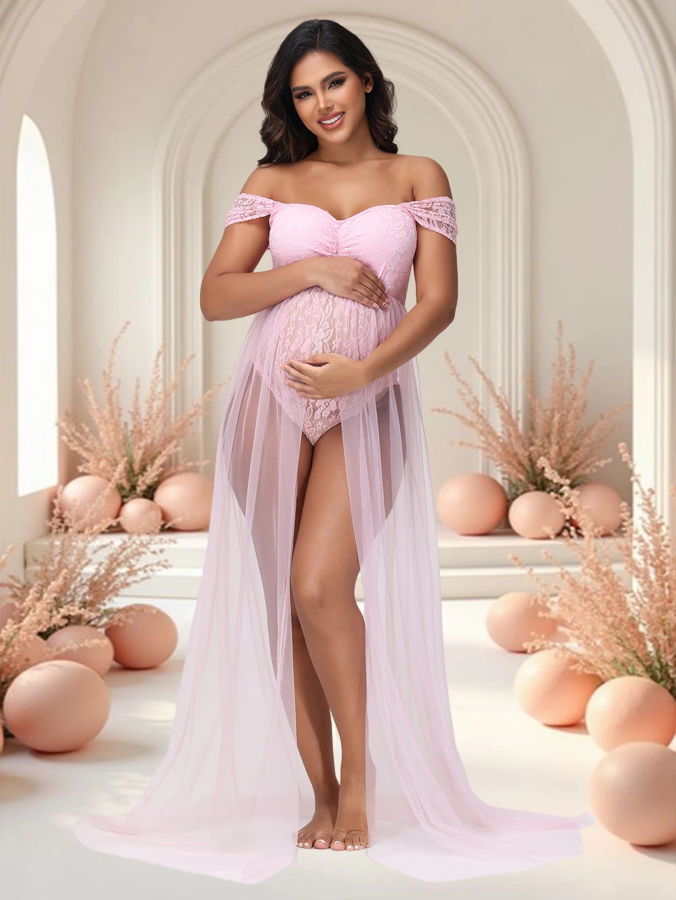 NEW Arrivals Maternity Lace Off-Shoulder Bodysuit for Photoshoot with Tulle Long Sides Slit Tail Women