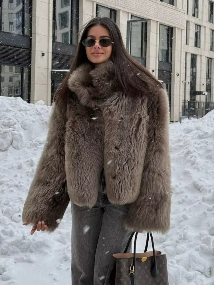 NEW Woman Brown Plush Fur Thick Coat Stand Up Collar Loose Short Jacket Lady Autumn Winter Casual Fashion Commuter Outwear