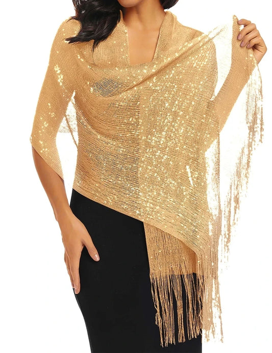 Sparkling Metallic Scarf with Buckle Female Evening Party Shawl Elegant Gold Silver Shiny Shawls for Bridal Wedding Wraps