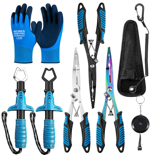 NEW Set Complete Fishing Pliers Accessory Set:  Fishing Gloves, Pliers, Fish Grippers, Protect Pliers Sheath, Fish Tape Measure Fishing Accessories Tools Set