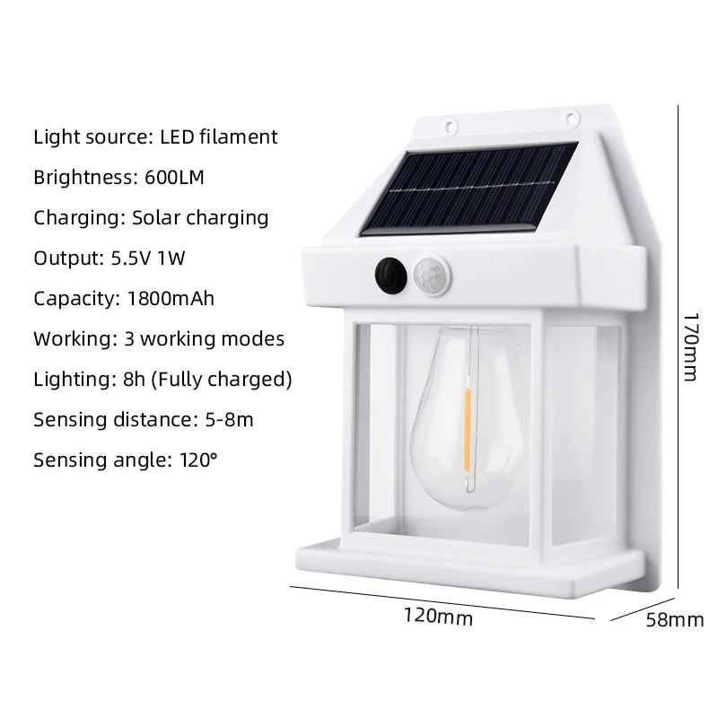 4 PCS Set Home Outdoor Solar Tungsten Wall Lamp Human Body Induction Dimmable Lithium Battery IP65 Waterproof LED Night Filament Light for Gardens Garage Courtyard