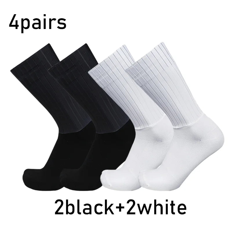 NEW Arrivals 4 Pairs Set Aero Pure Color Cycling Sports Socks Silicone Non-slip Pro Racing Bicycle Socks Summer Cool Calcetines Ciclismo Sports Apparel Accessories Clothing Supplies