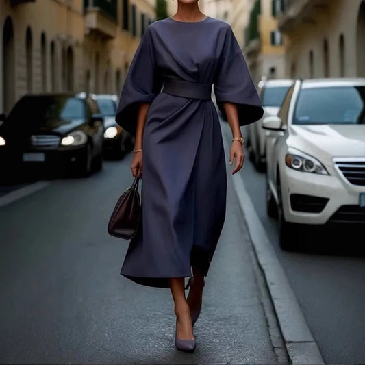 BRAND NEW Spring Fashion S(8)-3XL(20-22) UK Plus Size Solid 8 Colors Luxury Dress Chubby Women Sexy Round Neck Bat Sleeve High Waist Dress Ladies Evening Party Summer Dress